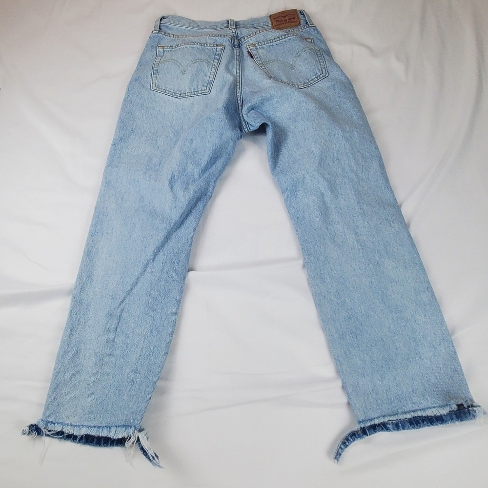 Levis 501 Original Fit Light Wash Distressed Straight Leg Jeans Raw Hem